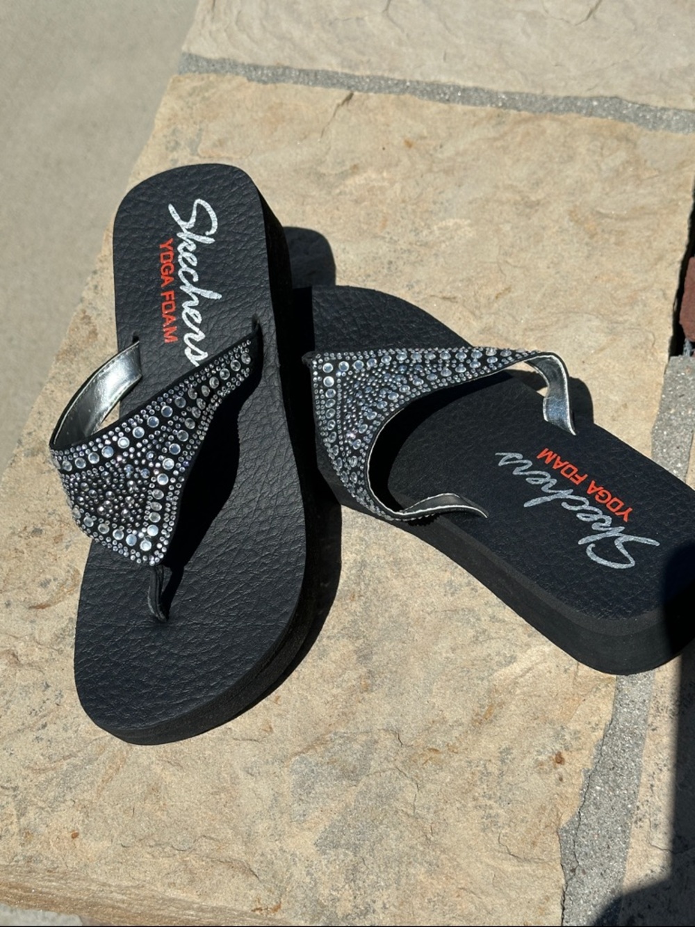 Skechers Black Rhinestone Thong Sandals with Silver Accents
